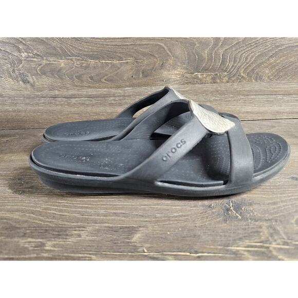 Crocs Sanrah Silver Hammered Tear Drop Design Sandal Womens Size 10 Black Shoe - Picture 2 of 7